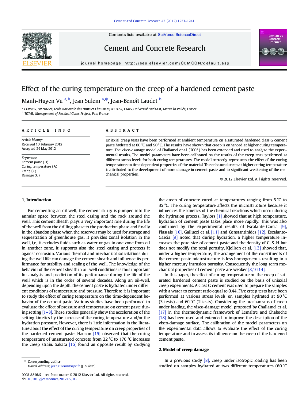 Effect of the curing temperature on the creep of a hardened cement paste