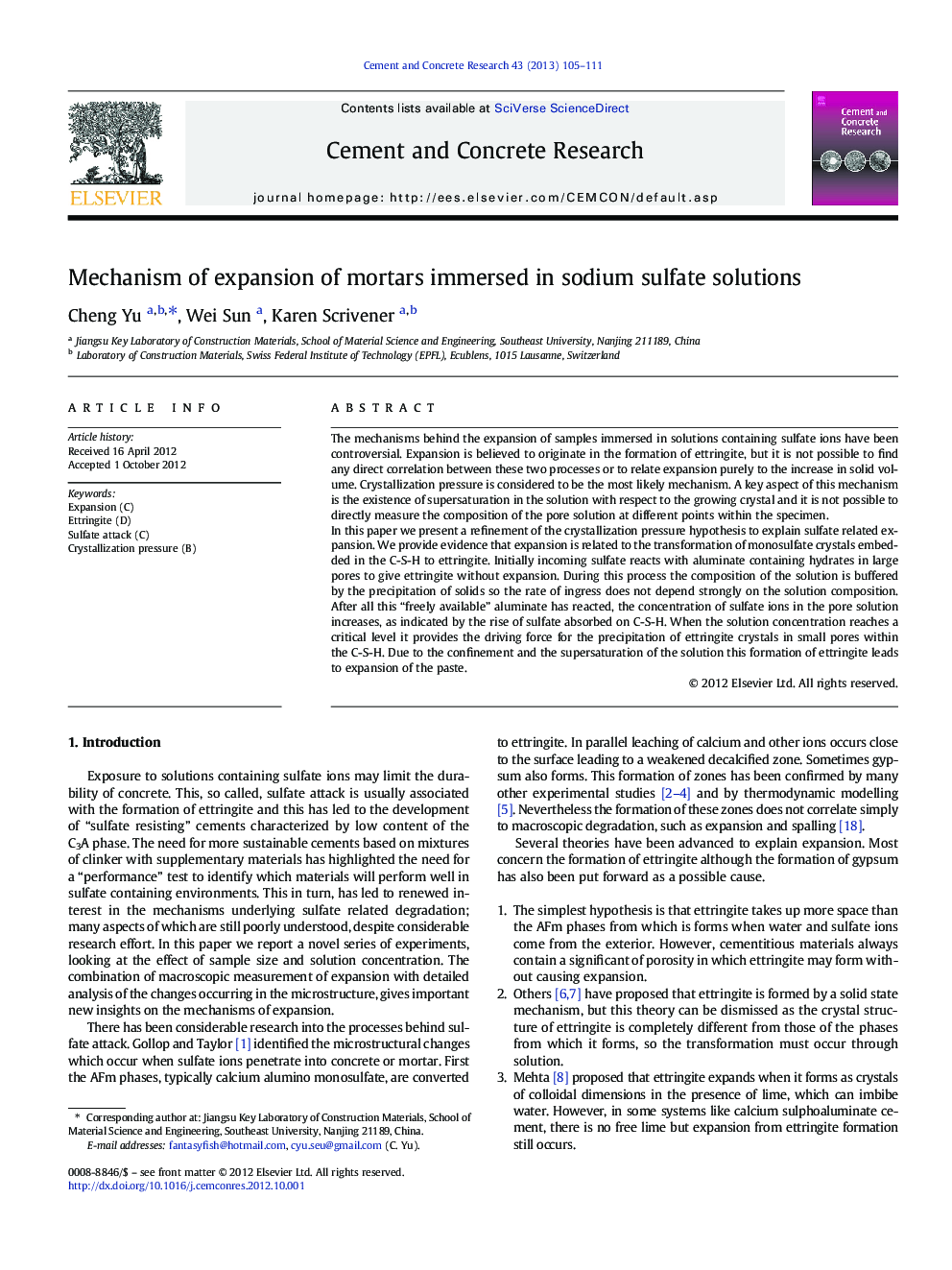 Mechanism of expansion of mortars immersed in sodium sulfate solutions