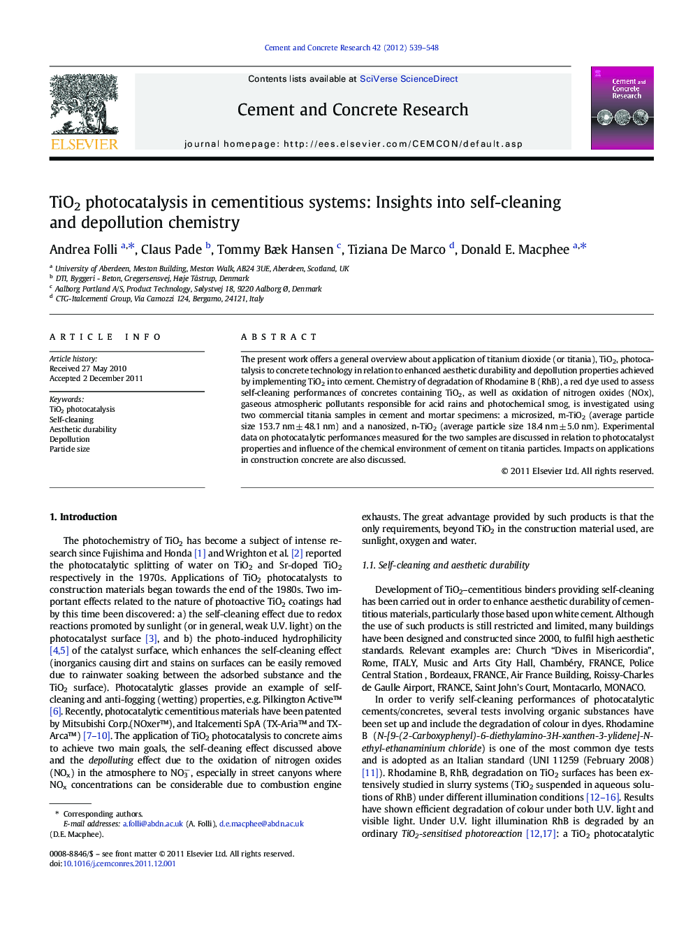 TiO2 photocatalysis in cementitious systems: Insights into self-cleaning and depollution chemistry