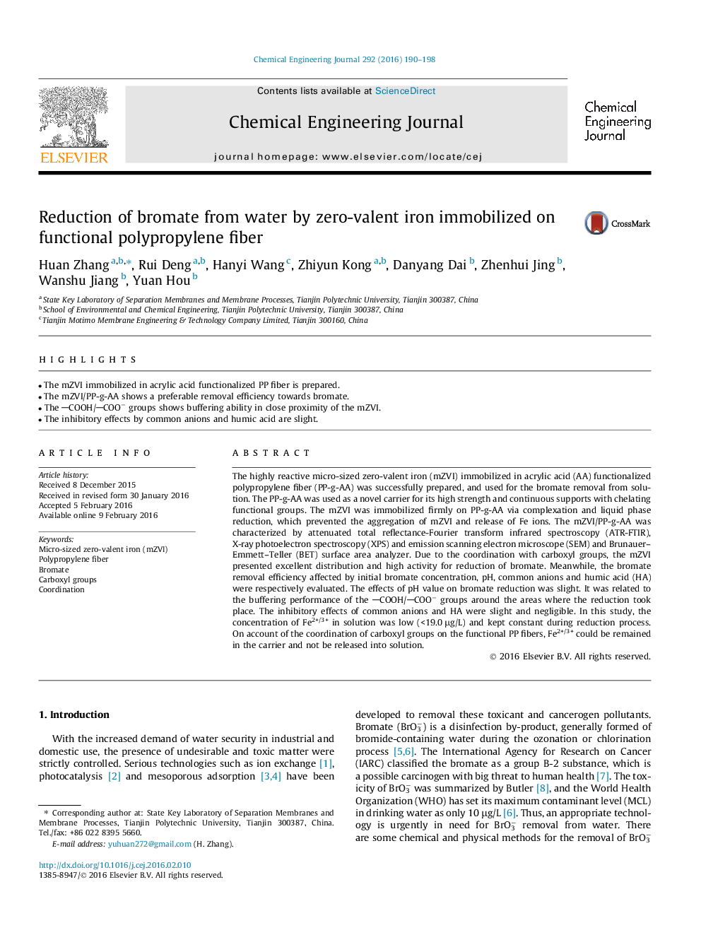 Reduction of bromate from water by zero-valent iron immobilized on functional polypropylene fiber