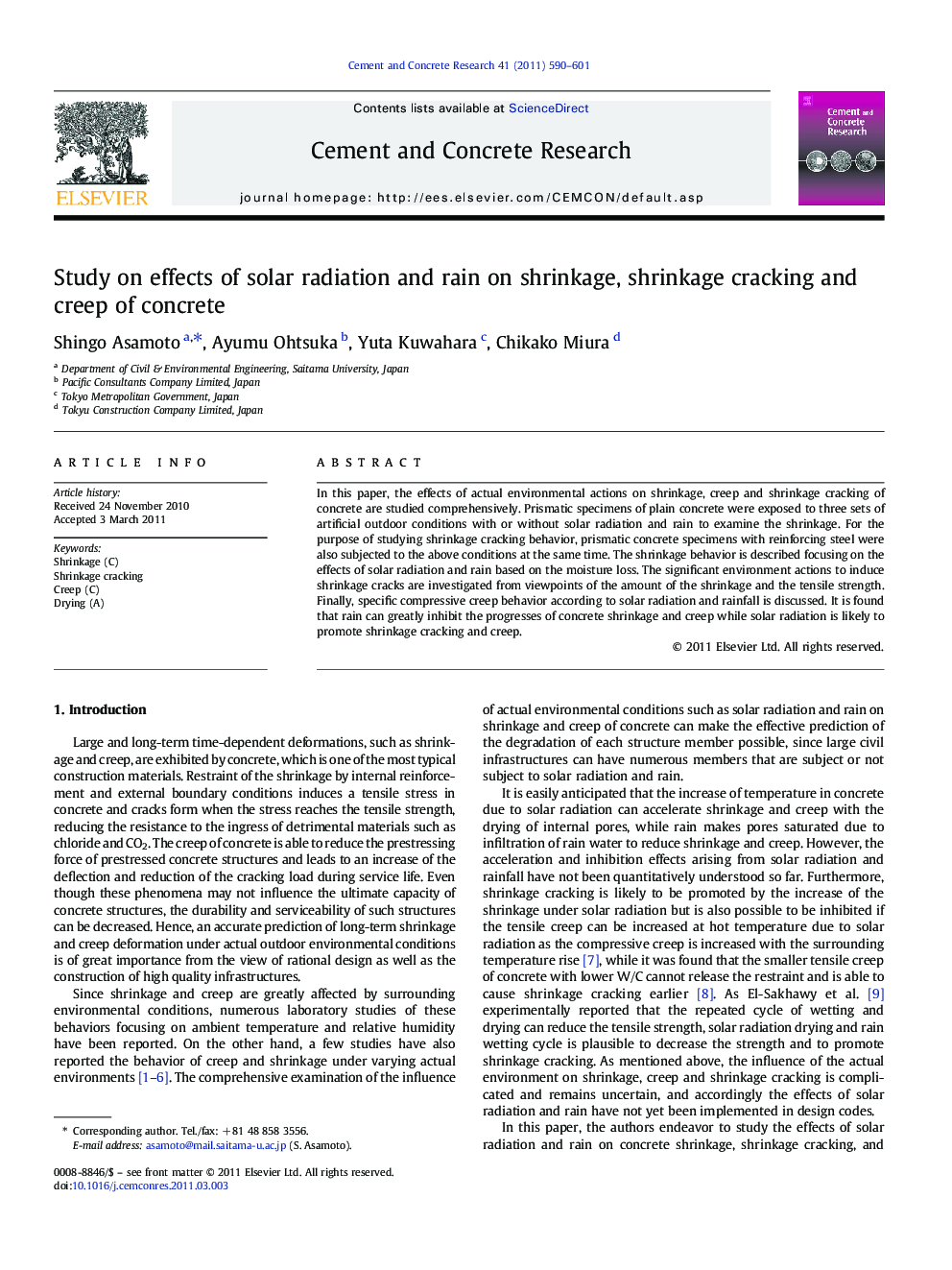 Study on effects of solar radiation and rain on shrinkage, shrinkage cracking and creep of concrete