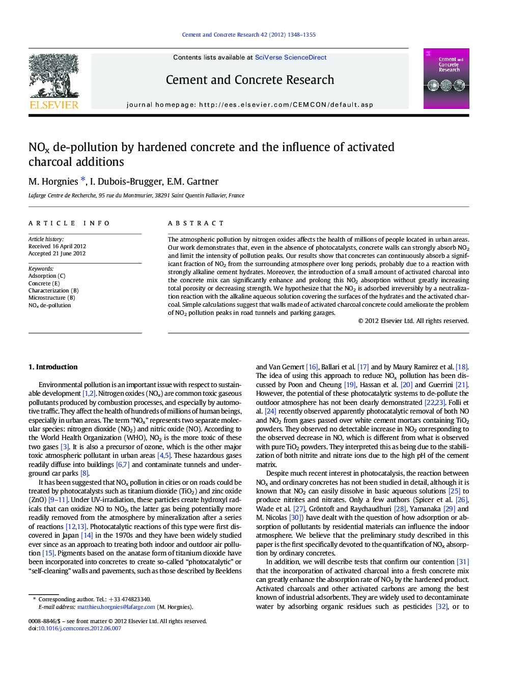 NOx de-pollution by hardened concrete and the influence of activated charcoal additions