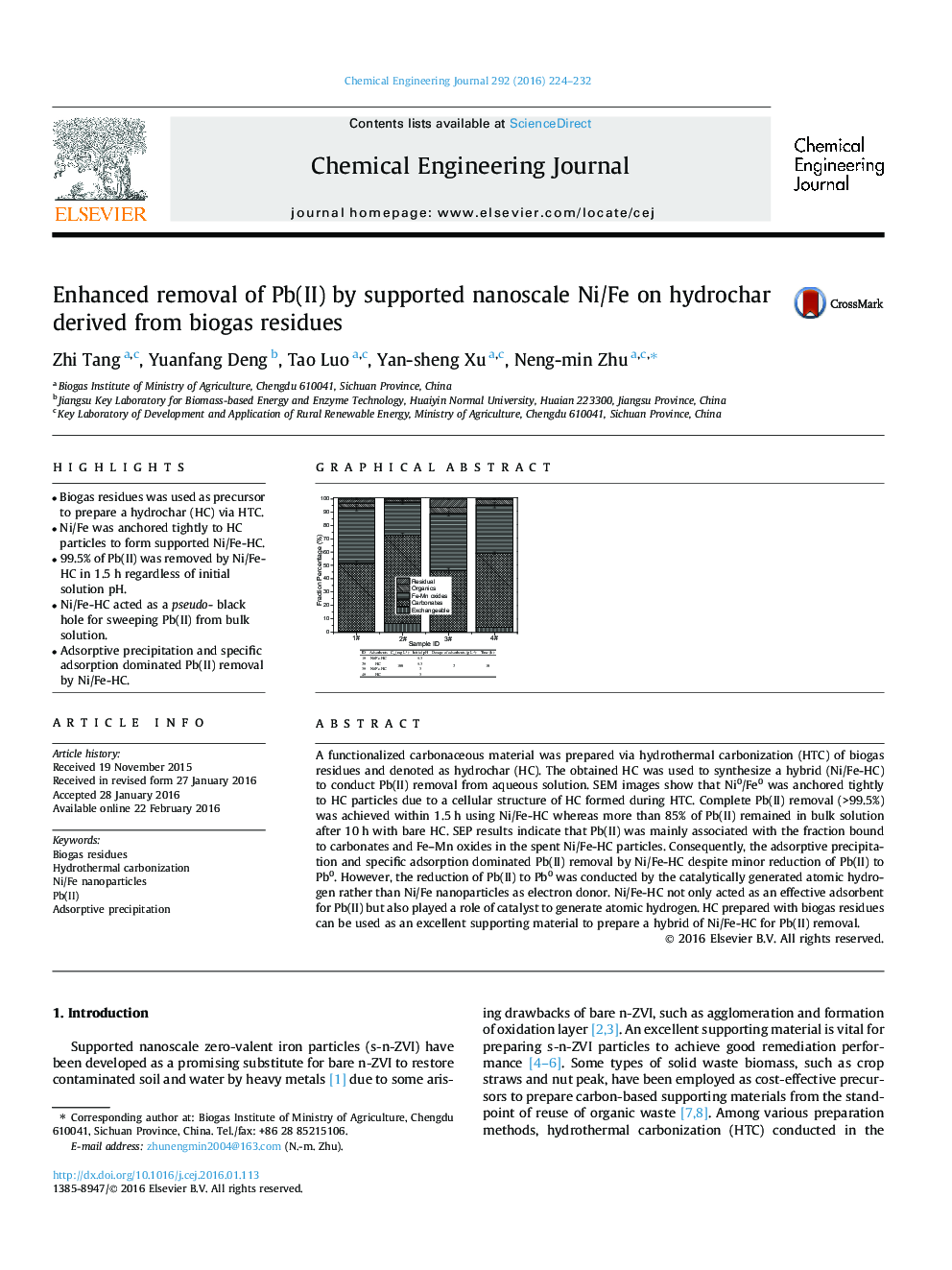 Enhanced removal of Pb(II) by supported nanoscale Ni/Fe on hydrochar derived from biogas residues