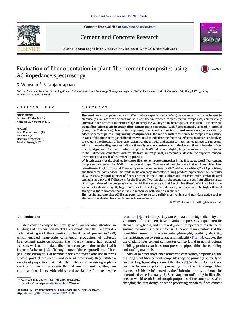 Evaluation of fiber orientation in plant fiber-cement composites using AC-impedance spectroscopy