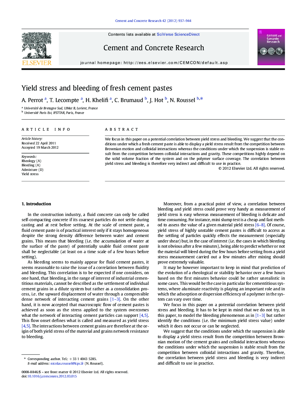 Yield stress and bleeding of fresh cement pastes