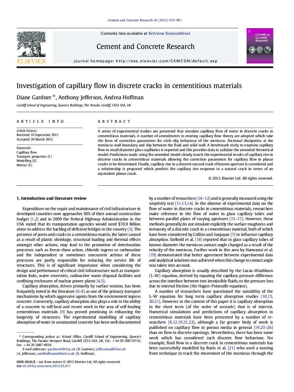 Investigation of capillary flow in discrete cracks in cementitious materials