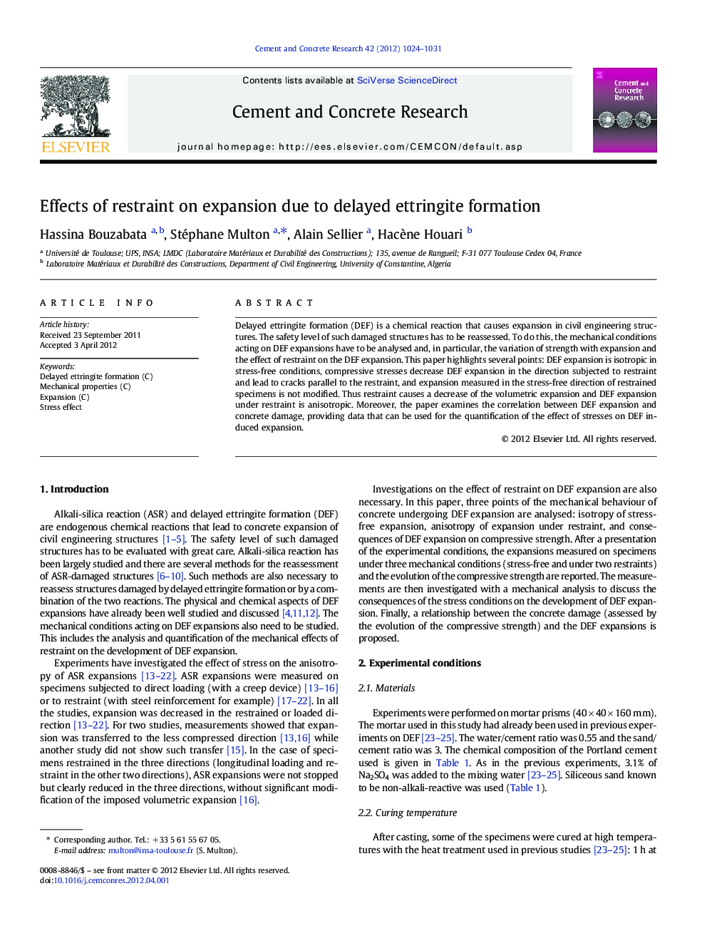 Effects of restraint on expansion due to delayed ettringite formation