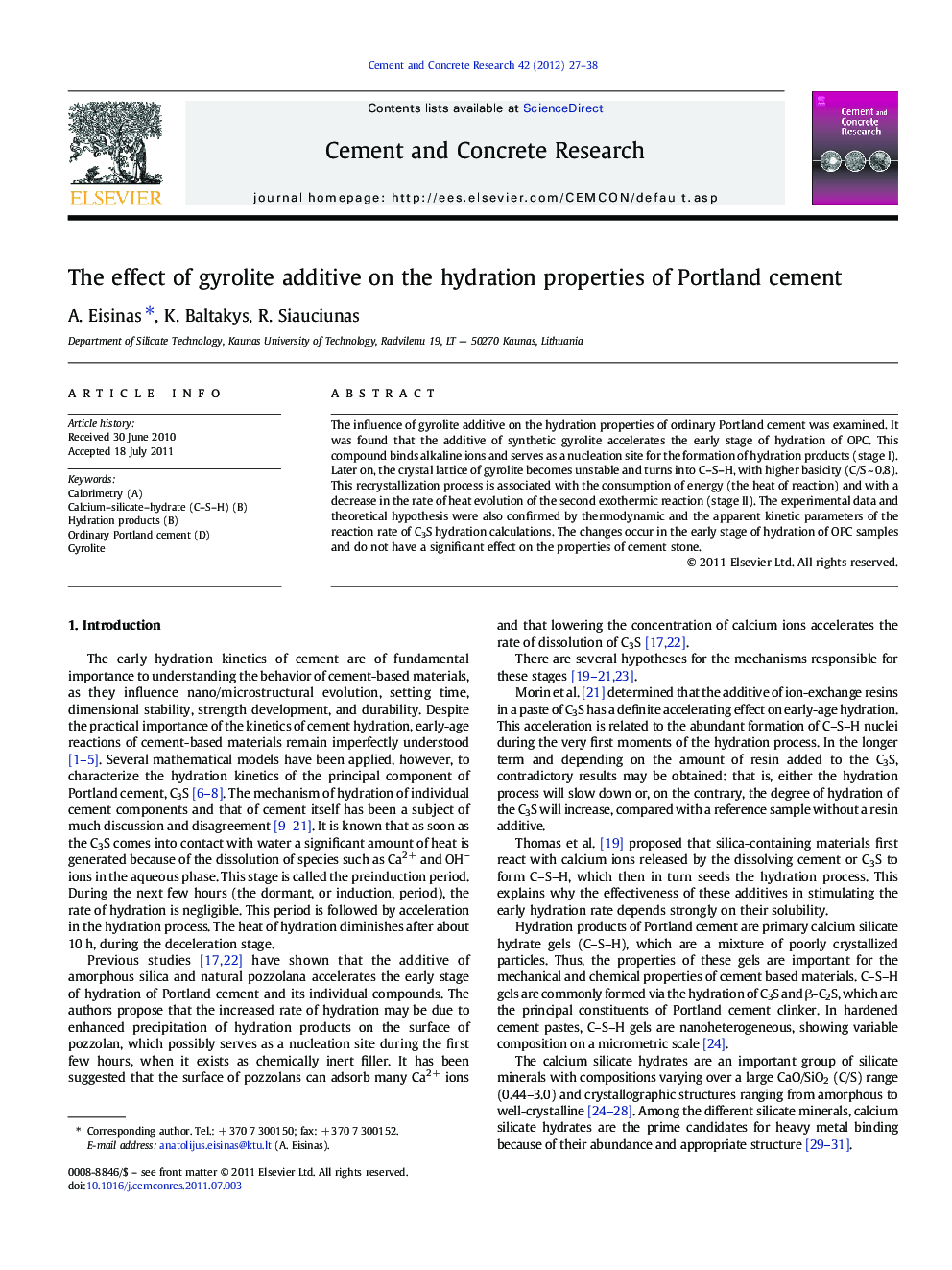 The effect of gyrolite additive on the hydration properties of Portland cement