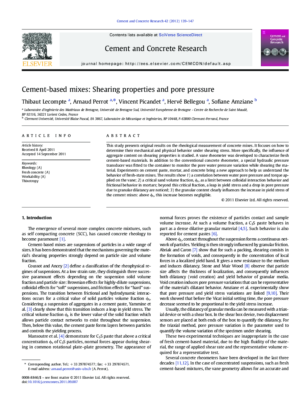 Cement-based mixes: Shearing properties and pore pressure