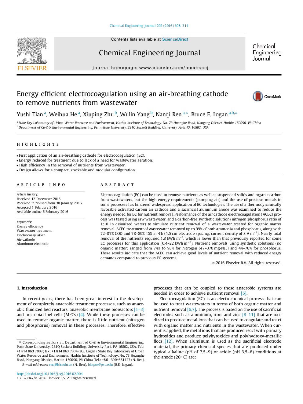 Energy efficient electrocoagulation using an air-breathing cathode to remove nutrients from wastewater