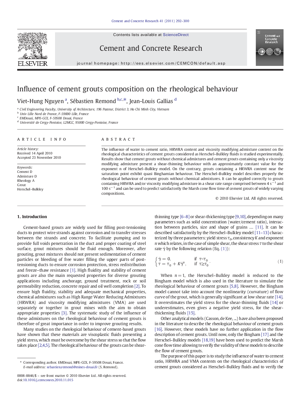 Influence of cement grouts composition on the rheological behaviour
