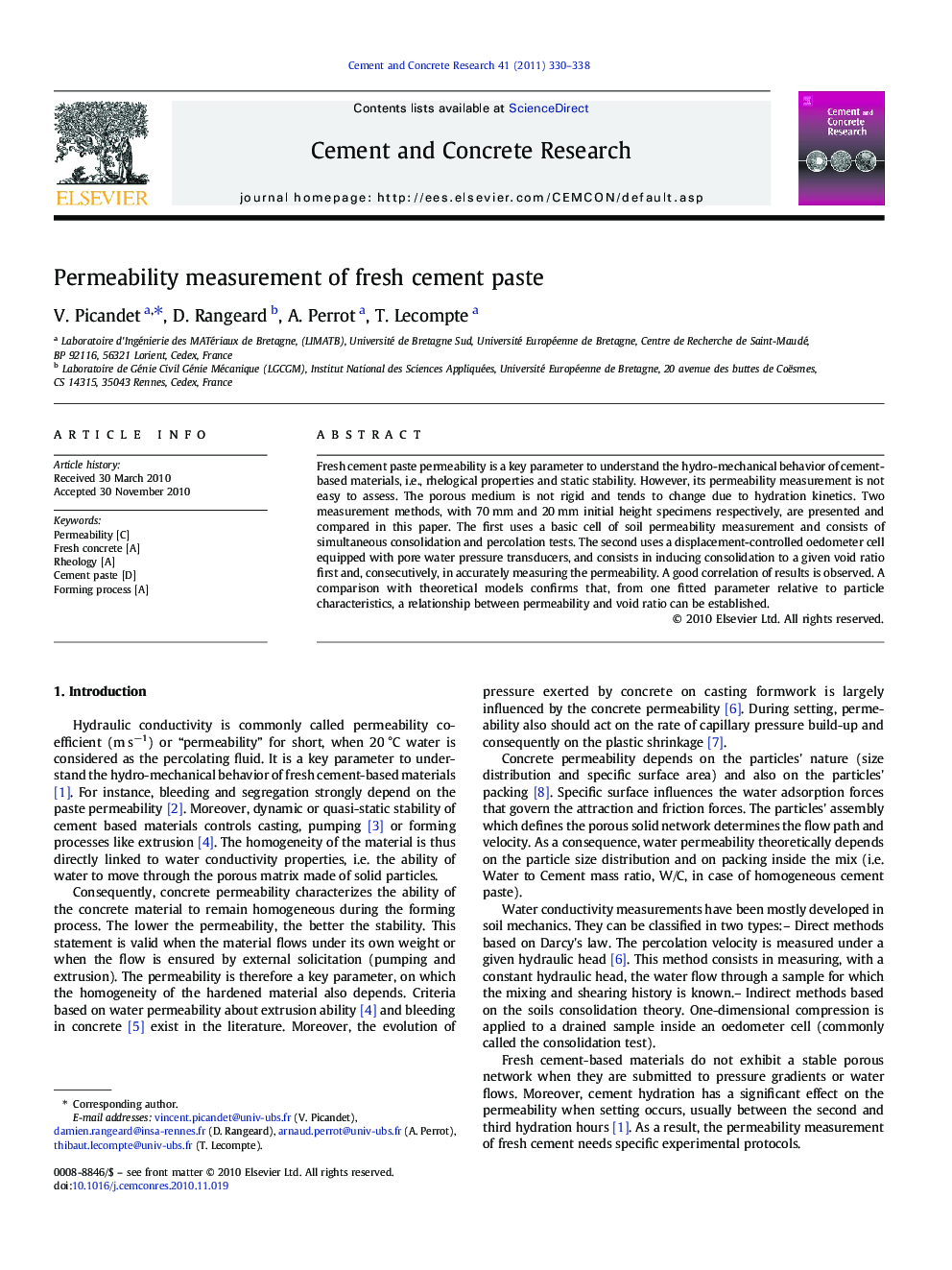 Permeability measurement of fresh cement paste
