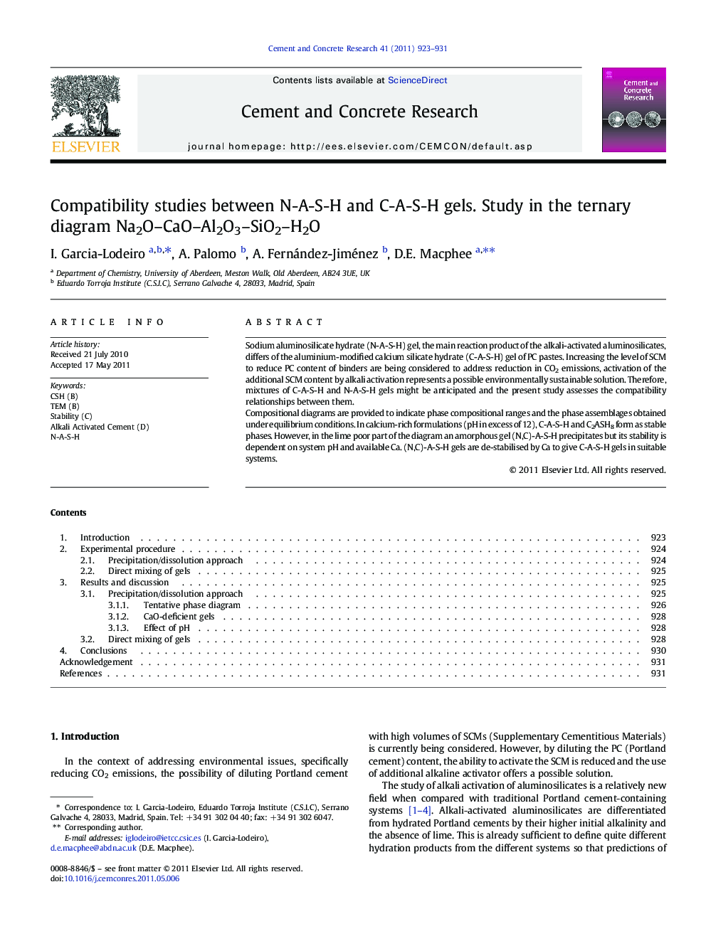 Compatibility studies between N-A-S-H and C-A-S-H gels. Study in the ternary diagram Na2O–CaO–Al2O3–SiO2–H2O
