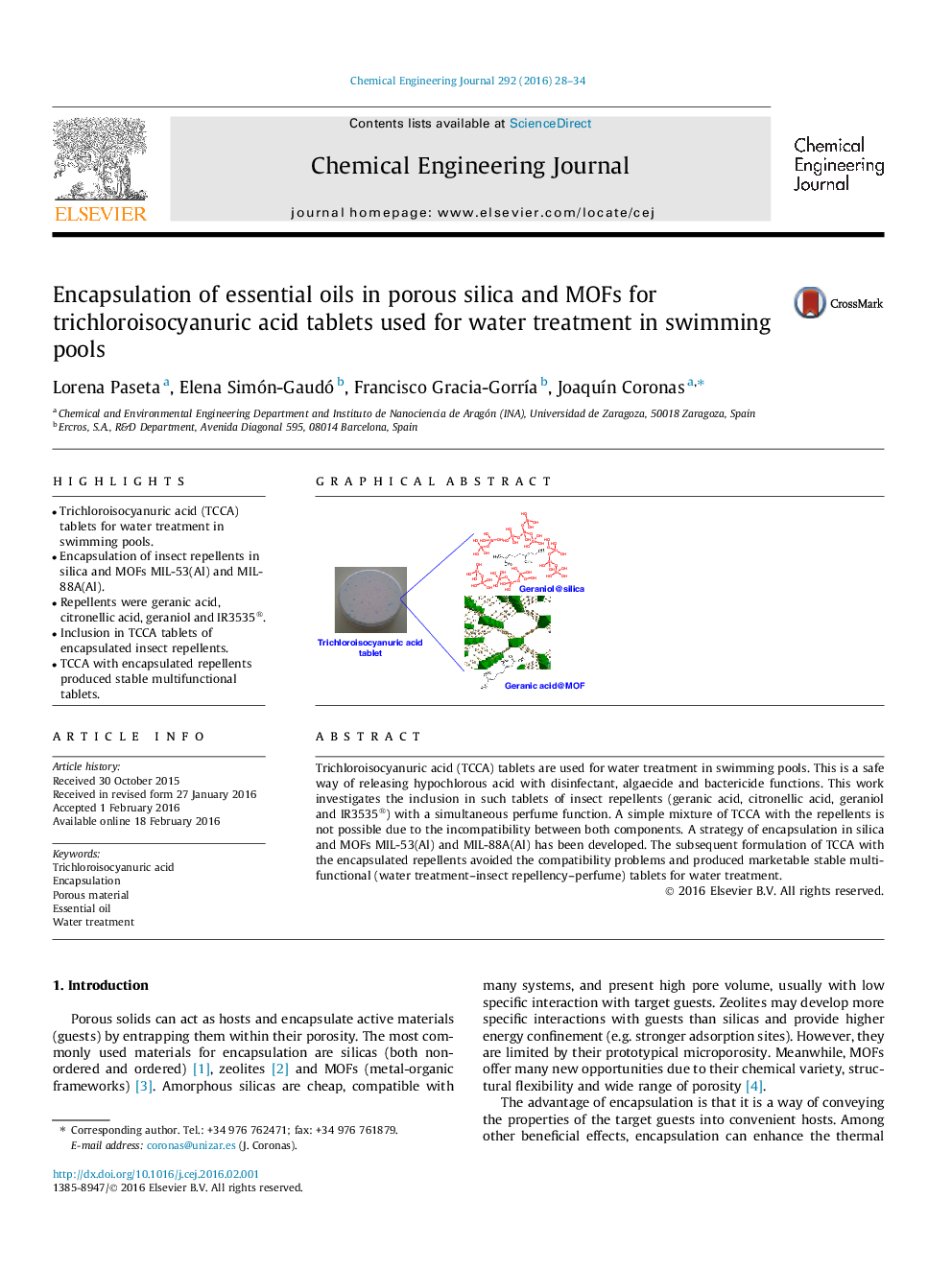کپسوله کردن روغن های اسانس موجود در سیلیس متخلخل و MOFs برای قرص های اسید تری کلرویزوسیانوریک مورد استفاده برای تصفیه آب در استخرهای شنا