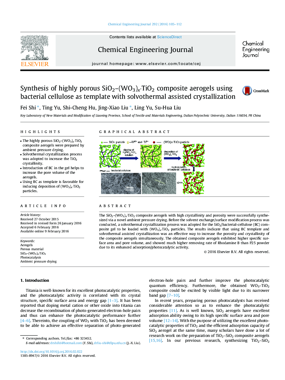 عکس صفحه اول مقاله: Synthesis of highly porous SiO2–(WO3)x·TiO2 composite aerogels using bacterial cellulose as template with solvothermal assisted crystallization Synthesis of highly porous SiO2–(WO3)x·TiO2 composite aerogels using bacterial cellulose as template with solvothermal assisted crystallization