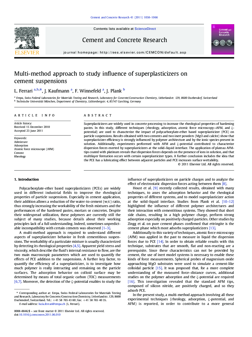 Multi-method approach to study influence of superplasticizers on cement suspensions