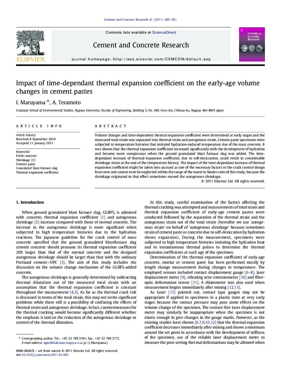 Impact of time-dependant thermal expansion coefficient on the early-age volume changes in cement pastes