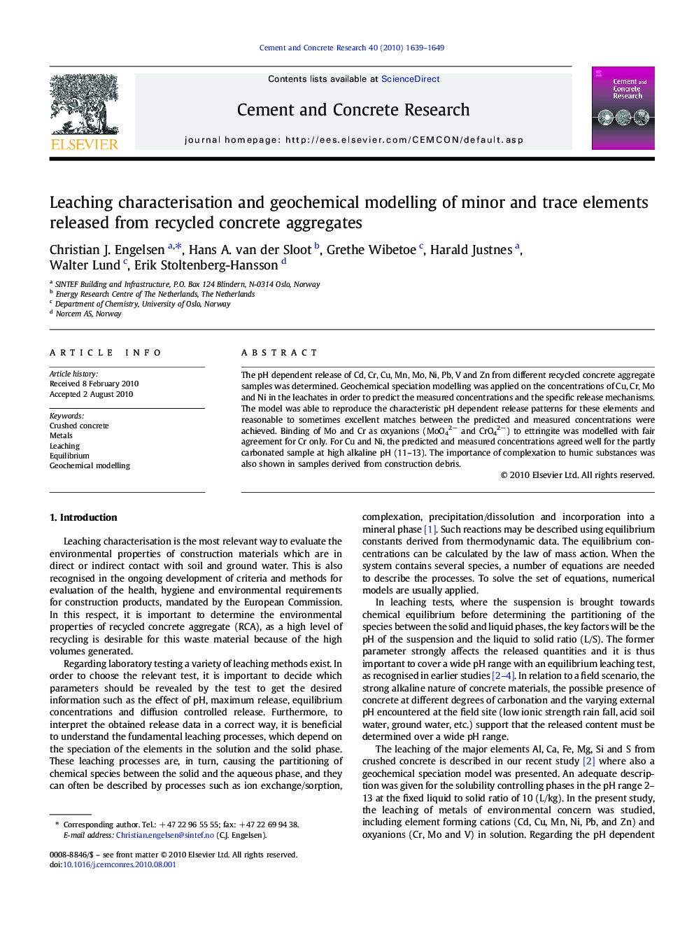 Leaching characterisation and geochemical modelling of minor and trace elements released from recycled concrete aggregates