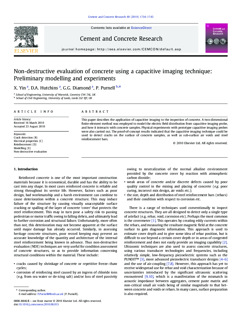 Non-destructive evaluation of concrete using a capacitive imaging technique: Preliminary modelling and experiments