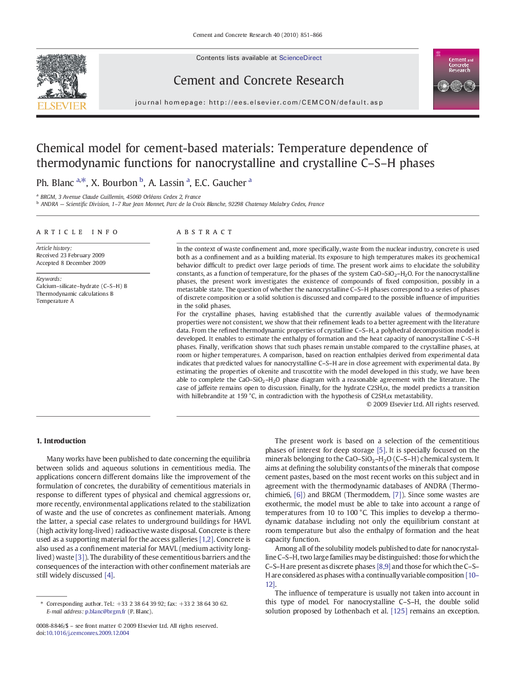 عکس صفحه اول مقاله: Chemical model for cement-based materials: Temperature dependence of thermodynamic functions for nanocrystalline and crystalline C–S–H phases Chemical model for cement-based materials: Temperature dependence of thermodynamic functions for nanocrystalline and crystalline C–S–H phases