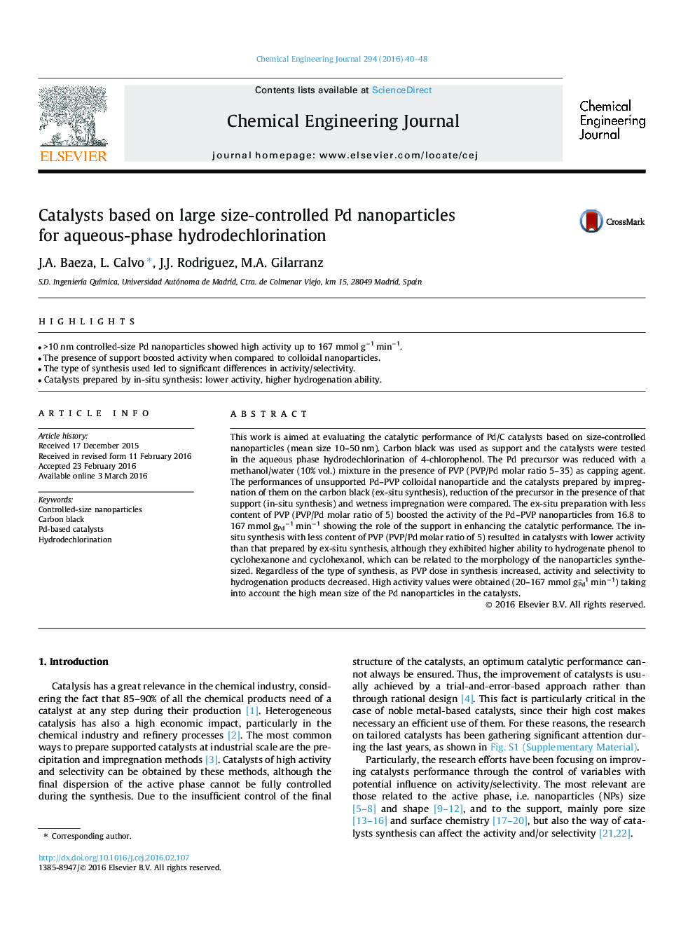 Catalysts based on large size-controlled Pd nanoparticles for aqueous-phase hydrodechlorination