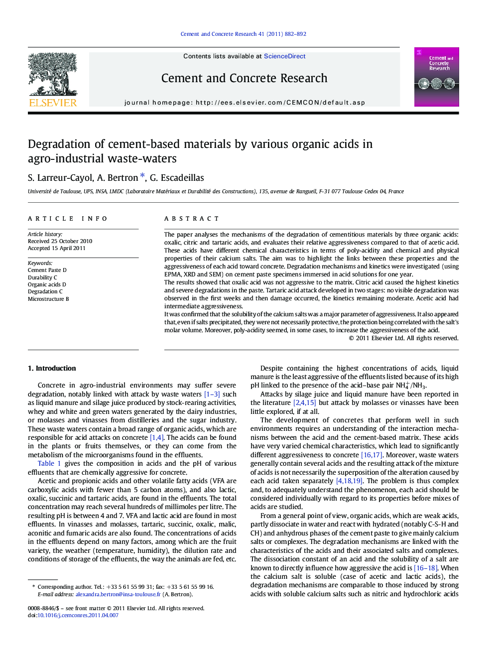 Degradation of cement-based materials by various organic acids in agro-industrial waste-waters