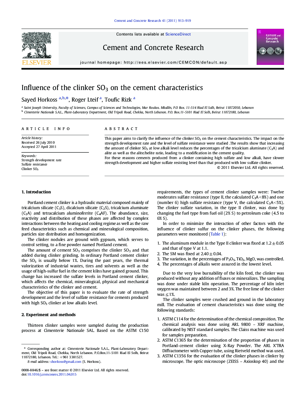 Influence of the clinker SO3 on the cement characteristics