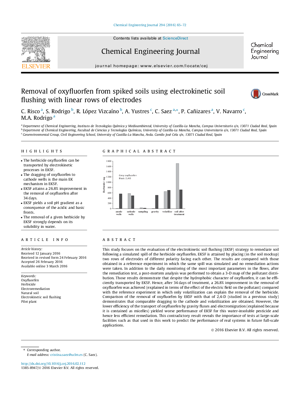 Removal of oxyfluorfen from spiked soils using electrokinetic soil flushing with linear rows of electrodes