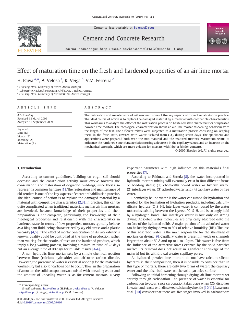 Effect of maturation time on the fresh and hardened properties of an air lime mortar