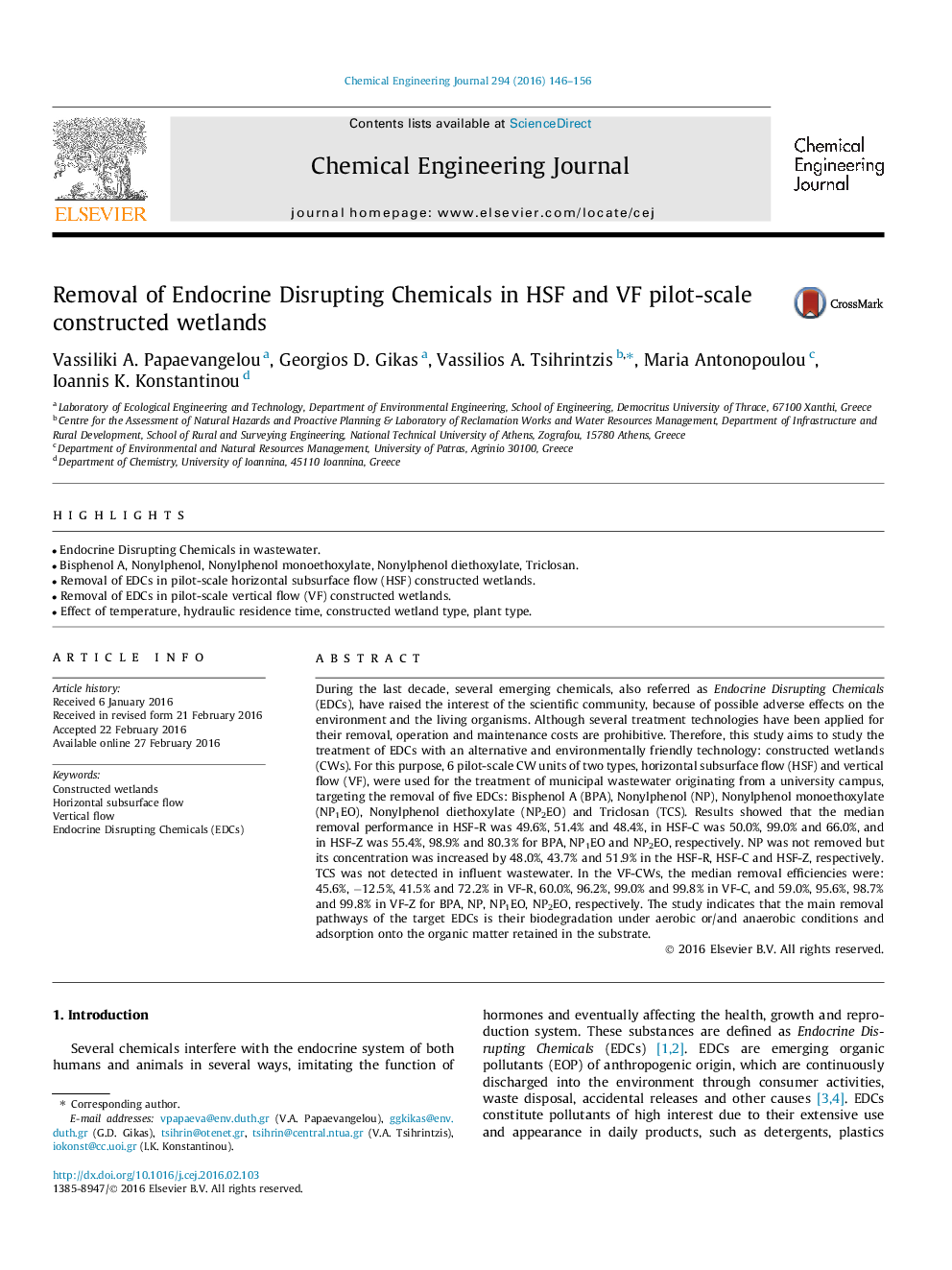 Removal of Endocrine Disrupting Chemicals in HSF and VF pilot-scale constructed wetlands