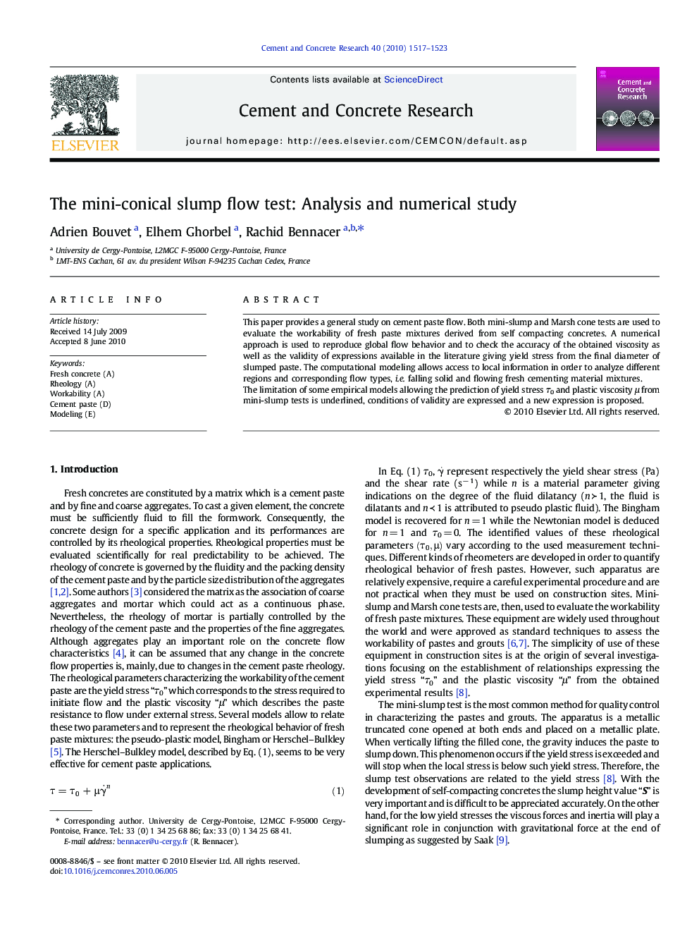 The mini-conical slump flow test: Analysis and numerical study