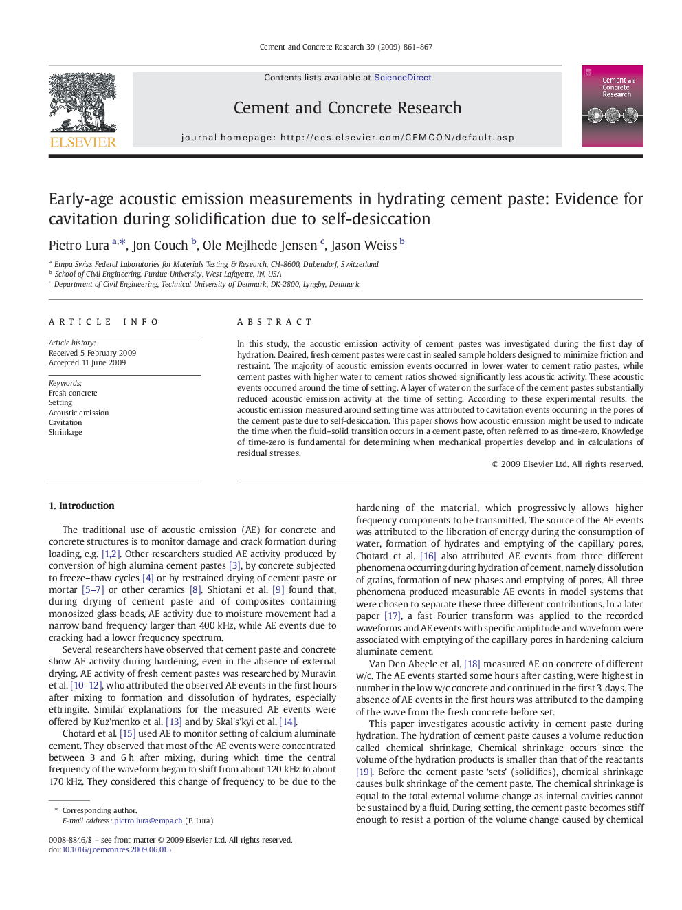 Early-age acoustic emission measurements in hydrating cement paste: Evidence for cavitation during solidification due to self-desiccation