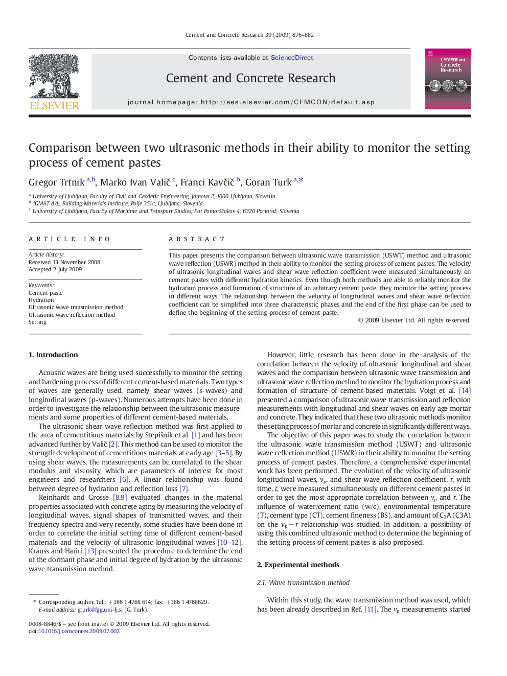 Comparison between two ultrasonic methods in their ability to monitor the setting process of cement pastes