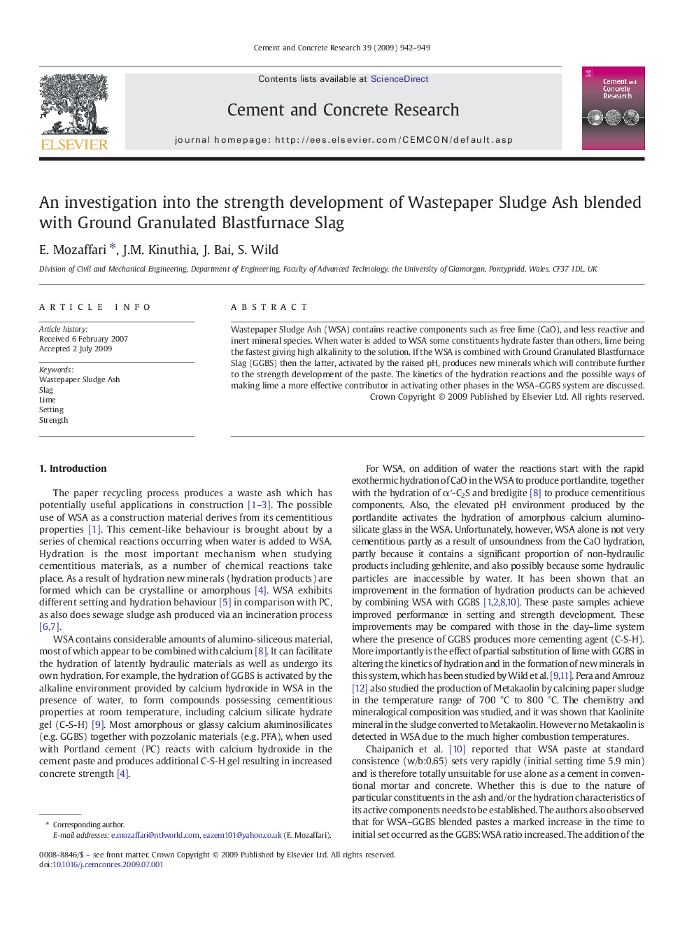 An investigation into the strength development of Wastepaper Sludge Ash blended with Ground Granulated Blastfurnace Slag