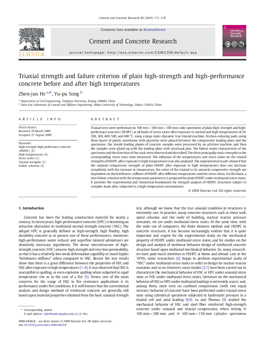 Triaxial strength and failure criterion of plain high-strength and high-performance concrete before and after high temperatures