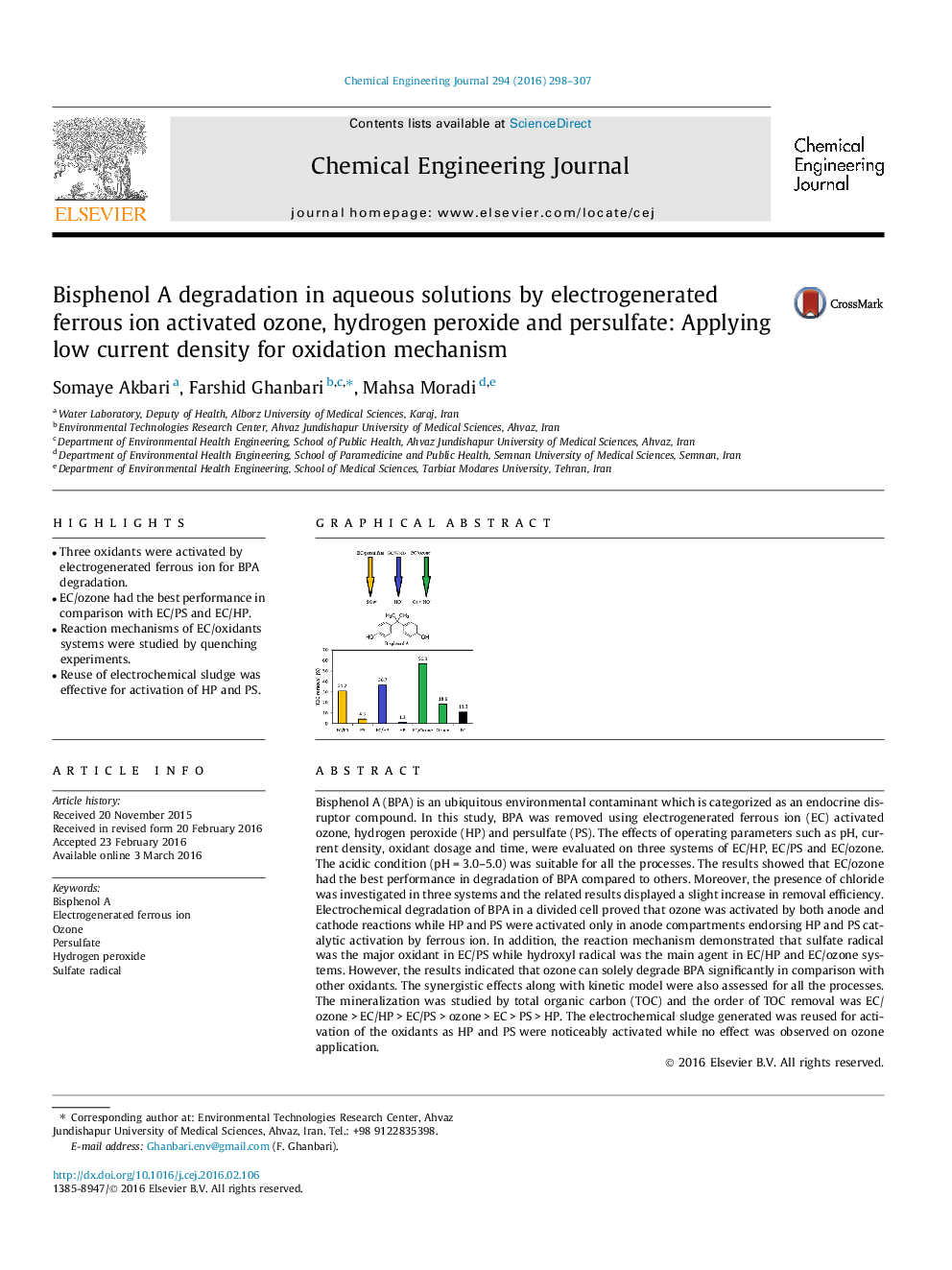 Bisphenol A degradation in aqueous solutions by electrogenerated ferrous ion activated ozone, hydrogen peroxide and persulfate: Applying low current density for oxidation mechanism