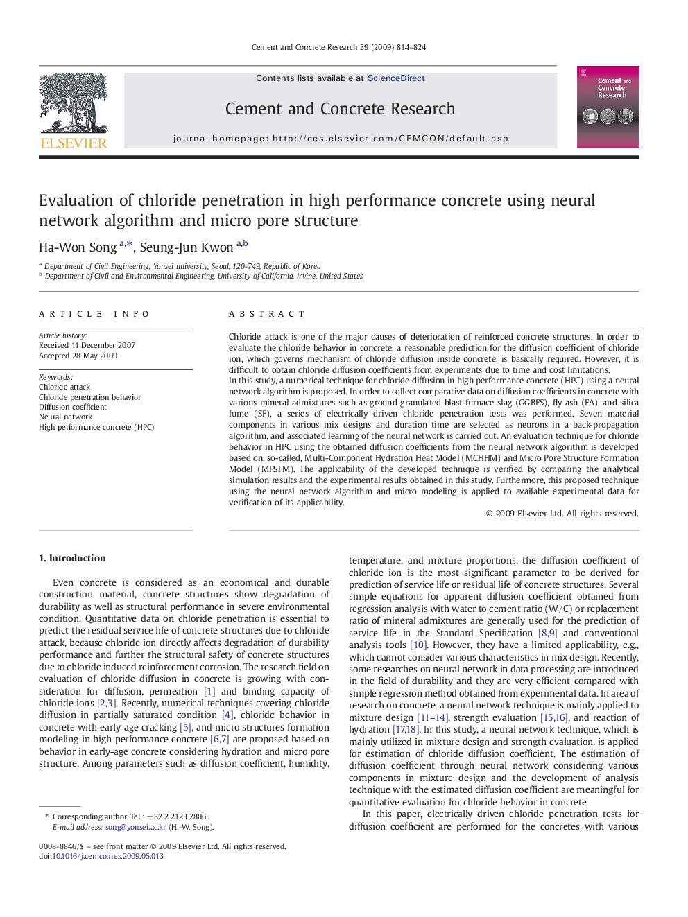 Evaluation of chloride penetration in high performance concrete using neural network algorithm and micro pore structure