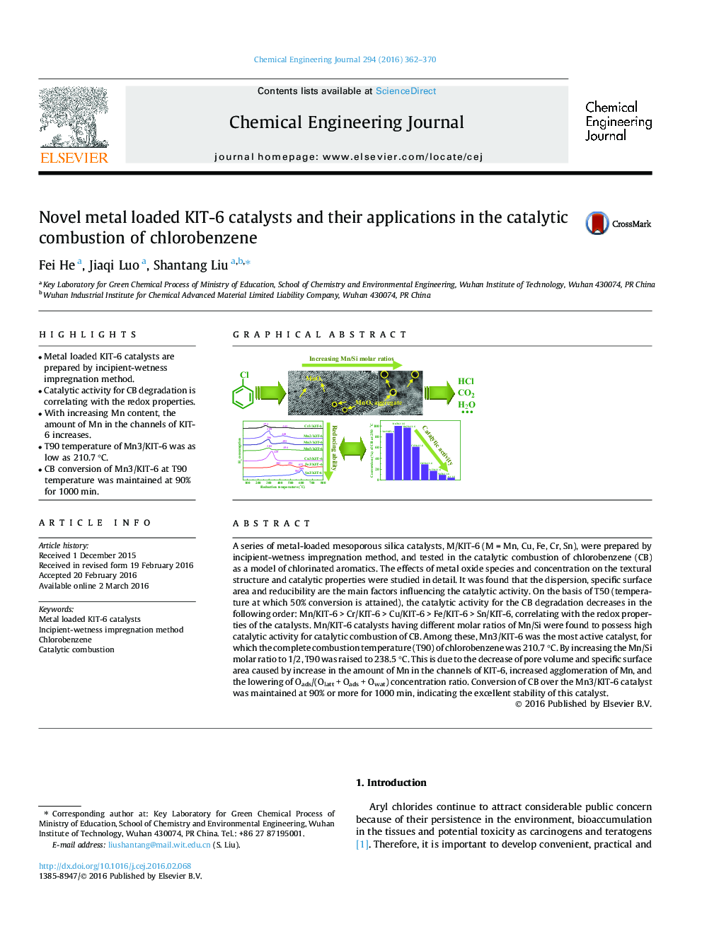 Novel metal loaded KIT-6 catalysts and their applications in the catalytic combustion of chlorobenzene