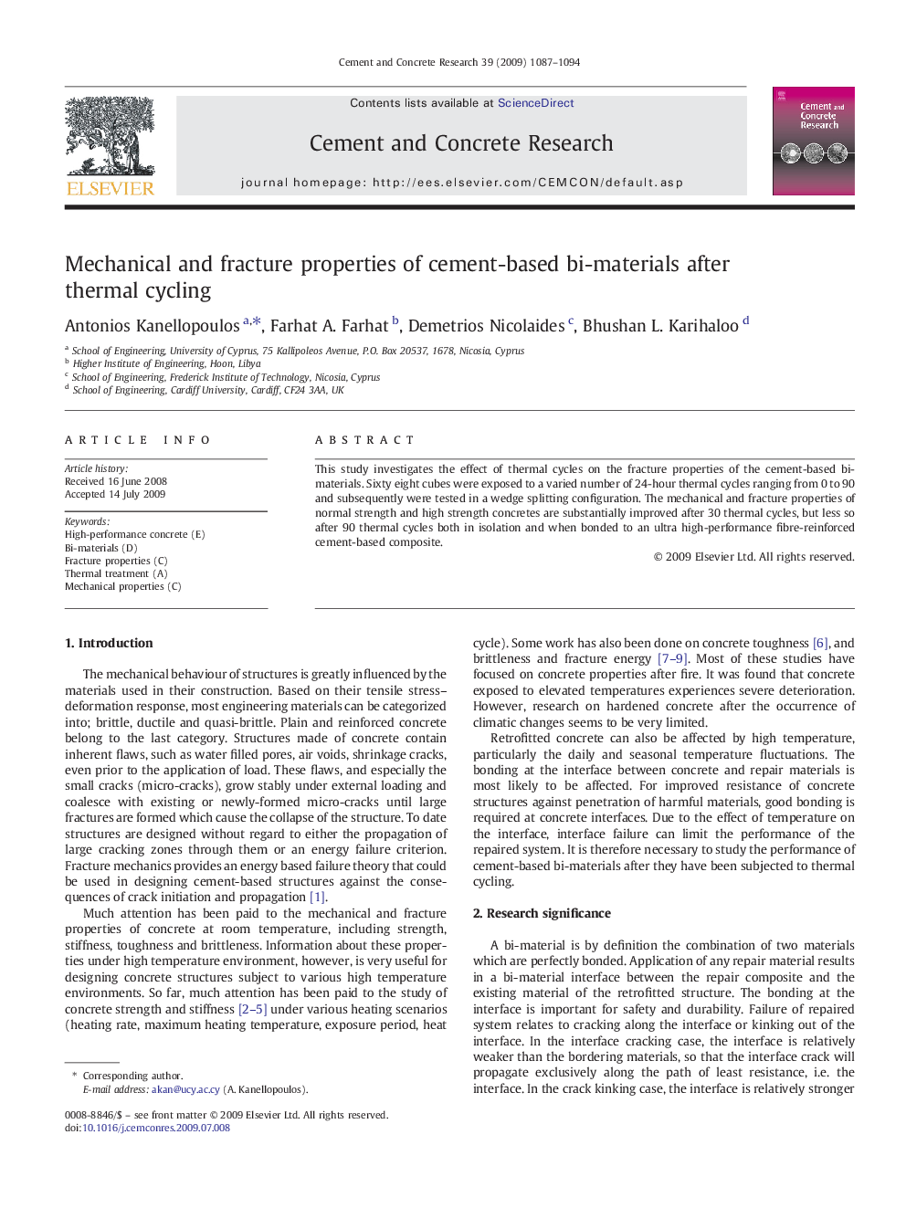 Mechanical and fracture properties of cement-based bi-materials after thermal cycling