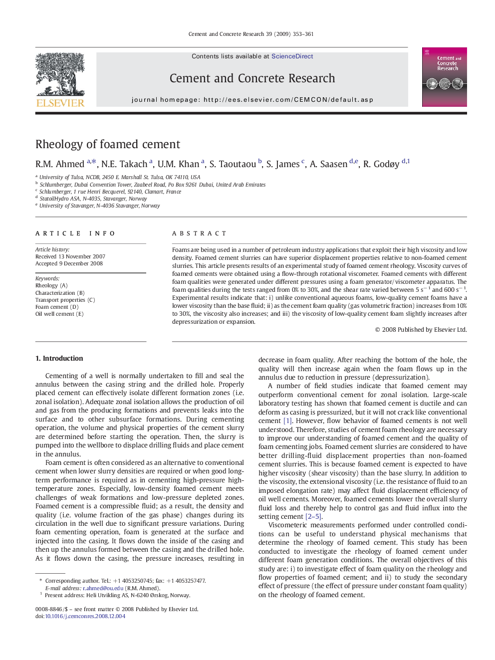 Rheology of foamed cement