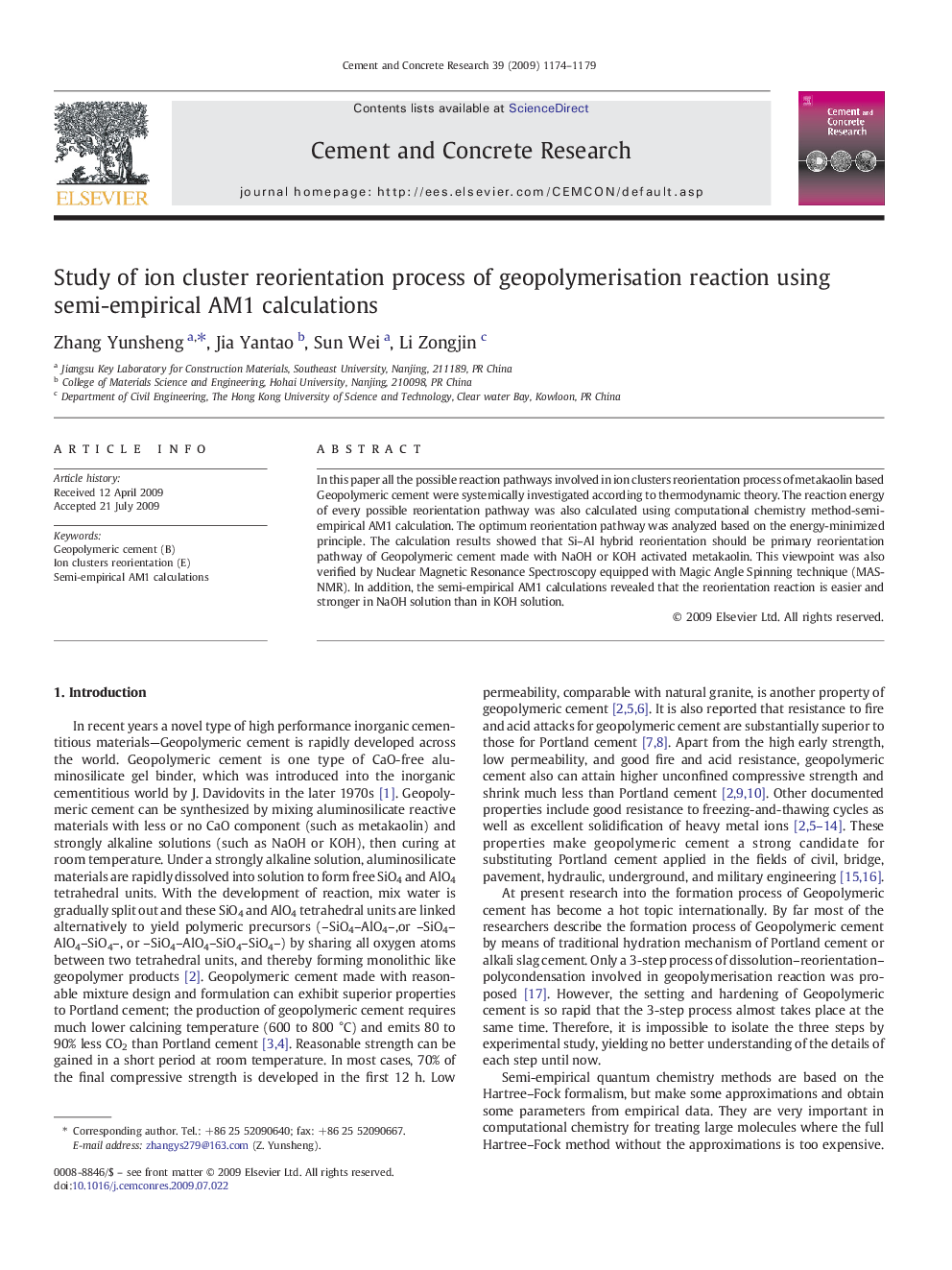 Study of ion cluster reorientation process of geopolymerisation reaction using semi-empirical AM1 calculations