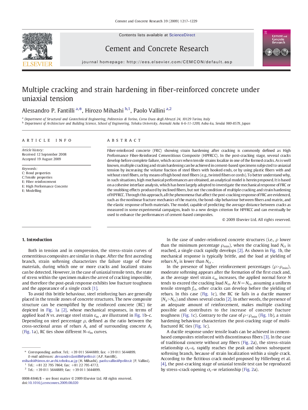 Multiple cracking and strain hardening in fiber-reinforced concrete under uniaxial tension