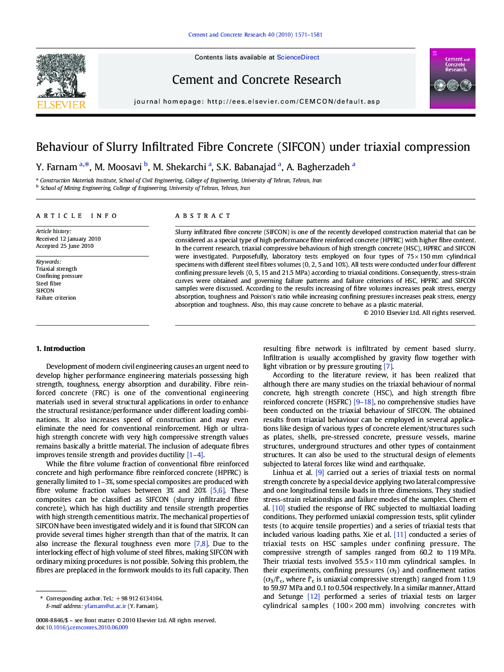 Behaviour of Slurry Infiltrated Fibre Concrete (SIFCON) under triaxial compression