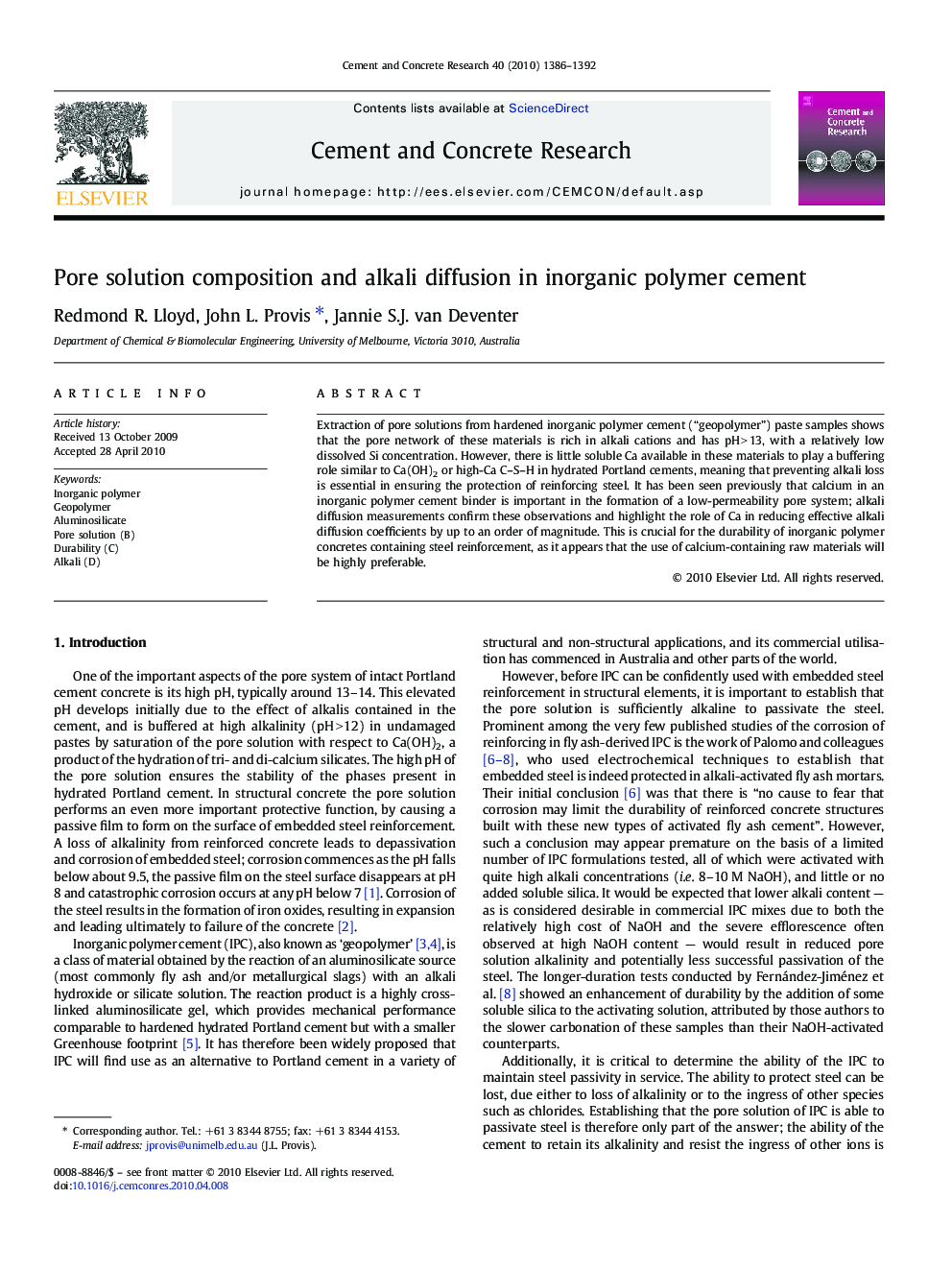 Pore solution composition and alkali diffusion in inorganic polymer cement