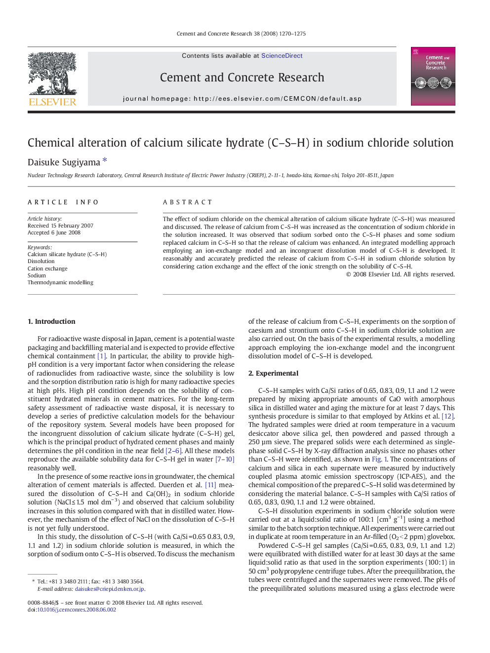 Chemical alteration of calcium silicate hydrate (C–S–H) in sodium chloride solution