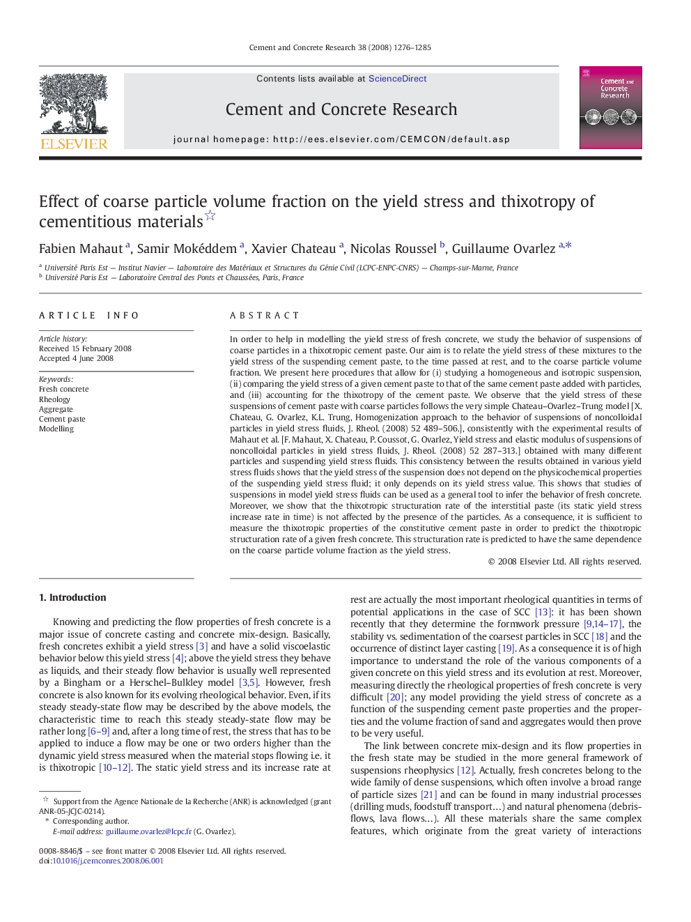 Effect of coarse particle volume fraction on the yield stress and thixotropy of cementitious materials 