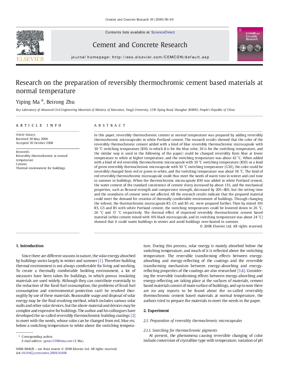 Research on the preparation of reversibly thermochromic cement based materials at normal temperature