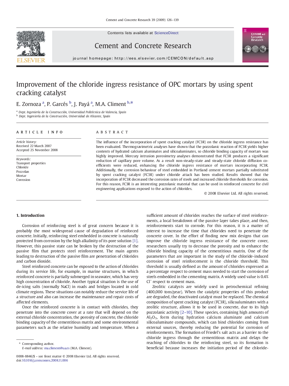 Improvement of the chloride ingress resistance of OPC mortars by using spent cracking catalyst