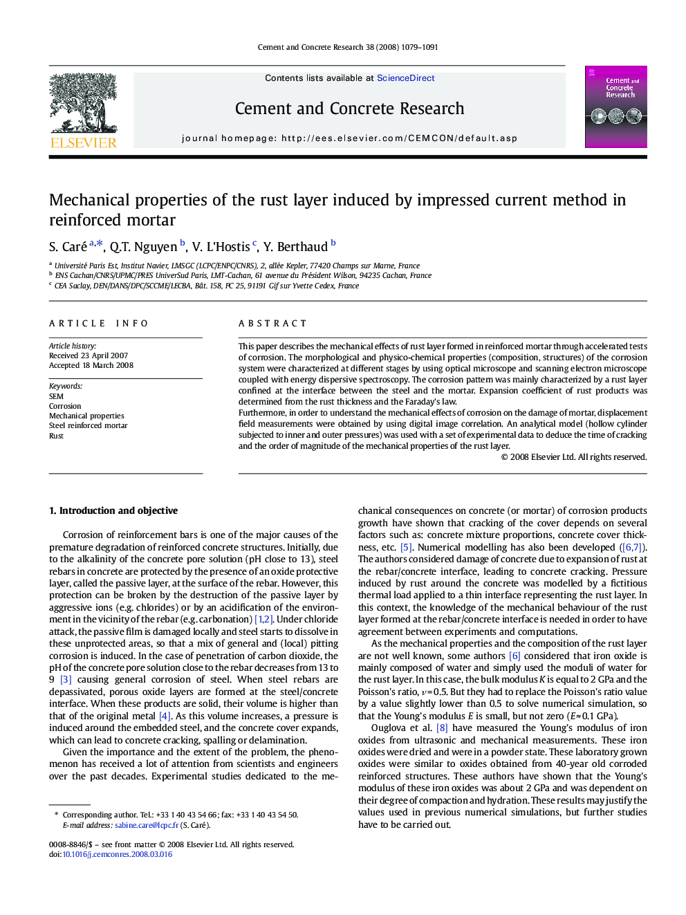 Mechanical properties of the rust layer induced by impressed current method in reinforced mortar