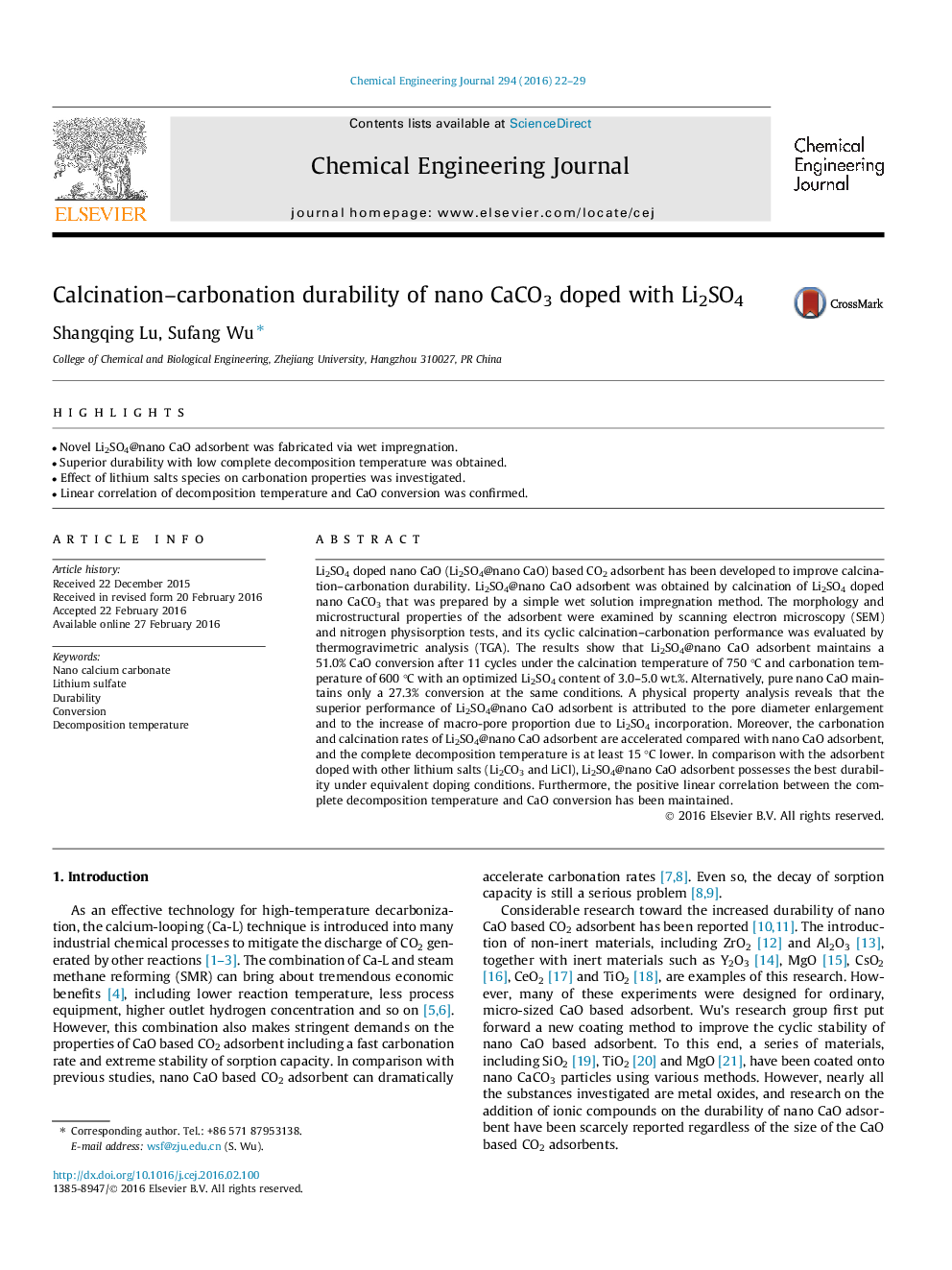 Calcination–carbonation durability of nano CaCO3 doped with Li2SO4